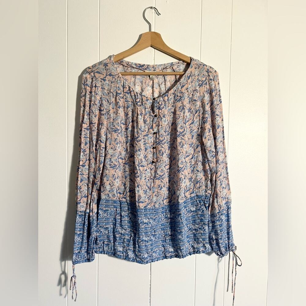 Lucky brand patterned blouse blue and pink long sleeve bohemian loose flowy fall